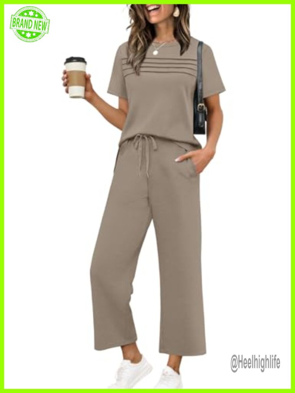 Two Piece Set Short Sleeve Top Wide Leg Crop Pants Lounge Travel Set 2-Piece